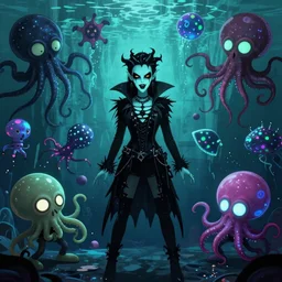CGI lisa frank gothic punk glow in the dark vampiric rockstar underwater caustics vampire squid background designs of various shapes and sizes by genndy tartakovsky and the creators of fret nice at pieces interactive and splatoon by nintendo and psychonauts by doublefines tim shafer being overseen by Jamie Hewlett from gorillaz for splatoon by nintendo