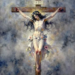 long shot, full body portrait, Crucifixion pose, of a beautiful goddess, in laced dress, sworming in flowers, magical, pale skin, blue eyes, long black hair, floating in a misty daze,  by pete mohrbacher and greg rutkowski, watercolor painting, deviantart, pinterest