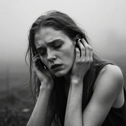 award winning photo of some exhaustion as lars von trier would depict it, she is 2 3, skinny and beautiful and listens to oathbreaker, she is full of hatred, photo, black and white, the background is unsafe, insanely detailed, closeup, polished, foggy like in norwegian black metal aesthetic