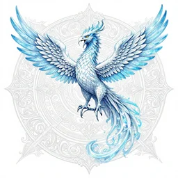 full - body cyan magic fire phoenix with beak, wisdom, good, scrollwork + white ink + magical + symmetrical + detailed intricate + heraldic design + epic + by peter mohrbacher and kentaro miura + high details, in the style of jean delville, artstation, 8 k, tarmo juhola, ivan laliashvili, james gurney, moebius, roger dean, wlop, victo ngai, 4 k, cinematic