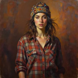 detailed full body portrait in daring femininity, ethnic, realistic face sculpted features, statuesque model, knit cap, plaid untucked shirt, tousled hair, warm cast, bathed in light, chiaroscuro, embellished accents, cinematic lighting, specular highlights, angular impressionism, radiant, deep rich tones, contemporary art, oil on canvas
