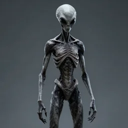 alien grey, tall, very thin, terrifying, grimdark, photorealistic
