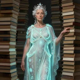 a portrait of a older anya taylor - joy as the goddess minerva surrounded by stacks of books, bioluminescent gown with deep level of detail of esoteric symbols, urban motifs, intricate, elegant, highly detailed, digital painting, trending on artstation, concept art, smooth sharp focus, illustration, art by artgerm and greg rutkowski