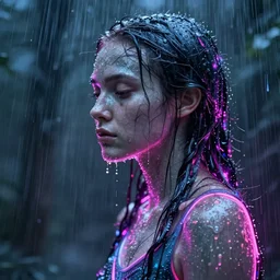 a human made out of rain, neon, rendered in octane, unreal engine, highly detailed, realistic, beautiful, emotional, unique