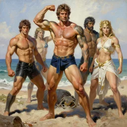 handsome tattooed gym bro zeus and attractive tattooed gym bro apollo workout on the beach, epic painting by artgerm, gaston bussiere, craig mullins, j. c. leyendecker, tom of finland