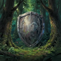fantasy forest, big magic shield is in the middle, by ghibli, pixar, disney, dark, albert bierstadt, 4 k, high detail