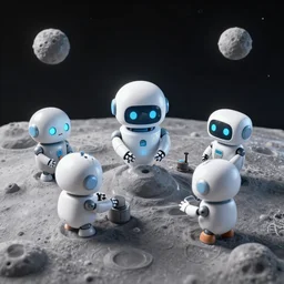 cute robots working on the moon, trending on artstation, 8K, pincushion lens effect