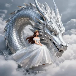 beautiful scene render that a princess rely on a huge silver white dragon back, finely detailed angelic face delicate features, facial symmetry, in the fairyland surrounded by white clouds, perfectly shaded, atmospheric lighting, style of makoto shinkai and peter mohrbacher, studio ghibli. artgerm, beeple, animation style, 4 k hd, hyper detailed