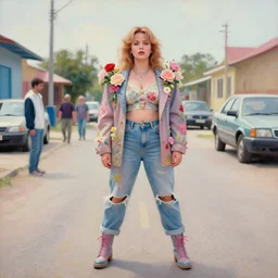 still from music video of barbara palvin from die antwoord standing in a township street, wearing street fashion clothing and flowers, haute couture, full figure portrait painting by martine johanna, ilya kuvshinov, rossdraws, pastel color palette, 2 4 mm lens