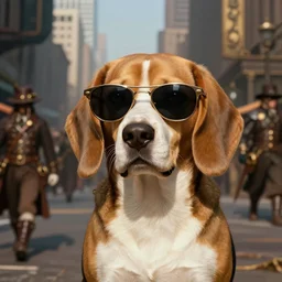 sublime portrait of a beagle with sunglasses in front of a busy metropolis, medium shot, steampunk era