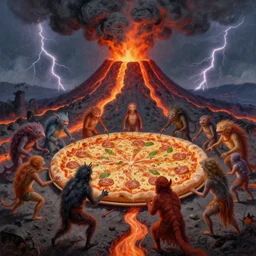 strange creatures fighting over a very large pizza in front of a volcano spewing lava and black smoke, from below, streams of glowing hot lava, flashes of lightning in the distance, wide shot, long shot, an ultrafine detailed painting by joe fenton, deviantart, pop surrealism, whimsical