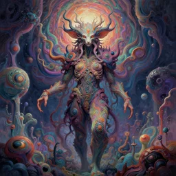 a psychedelic being living in an extradimensional reality, in the style of wlop and alex grey, illustration, epic, fantasy, hyper detailed, smooth, unreal engine, sharp focus, ray tracing