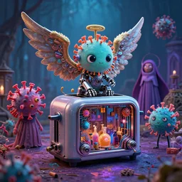 Cute Coronavirus Creatures, Infernal Nymph, The Graveyard, cinematic, hyper realism, high detail, octane render, unreal engine, 8k, vibrant color, Mechanical Angel, futuristic toaster with complex circuitry!, Potions for the modern adventurer!!!, by andrea chiampo and chet zar