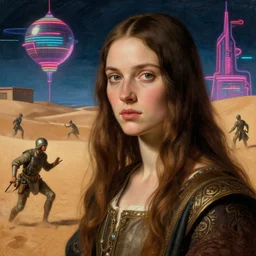 realistic portrait beautiful detailed renaissance painting of cinematic movie scene, voltes v build up in sahara dessert. action sequence, created by gustave dore and greg rutkowski, high detailed, smooth draw, synthwave neon retrofuturism, intricate, realistic proportions, dramatic lighting, trending on artstation.