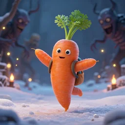 close-up portrait of little carrot wearing a little backpack dancing through the snow, winter scene fantasy, fireflies, torch light, scary creatures in background, intricate, elegant, highly detailed, centered, smooth, sharp focus, Donato Giancola, Joseph Christian Leyendecker, WLOP, Boris Vallejo, Artgerm
