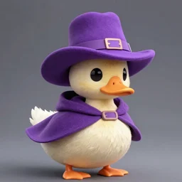 duck wearing purple wide brimmed hat and cape by Roger Deakins