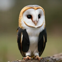 cute barn owl in a black suit, 8 k, hd, dof, kodak film, volumetric lighting, subsurface scattering, photorealistic, octane render, details