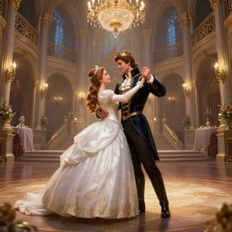 highly detailed digital illustration of a newly married prince and princess dancing in the grand ballroom of a fantasy castle by mandy jurgens | fantasy art, cryengine, concept art, photorealism, daz 3 d, sketchfab, zbrush, vray, rule of thirds, golden ratio