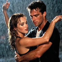 dirty dancing poster with closeup portrait of young arnold schwarzenegger dancing with jennifer lawrence in the rain, 5 0 mm cinema shot, beautiful light, best lense, 9 0 s romantic movie, 4 k