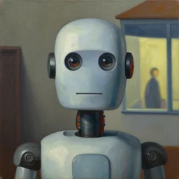 super - intelligent robot with kind eyes portrait, lowbrow, grant wood, pj crook, edward hopper, oil on canvas