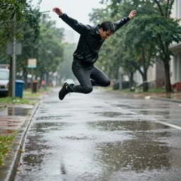 a photography of a man jumping over a puddle of water in a rainha day