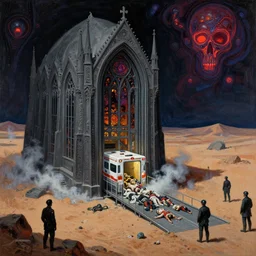 huge gothic crematorium on desert planet, elevator, side ramp entrance ambulance smoke dead bodies, guards intricate, painting by lucian freud and mark brooks, bruce pennington, dark colors, neon, death, guards