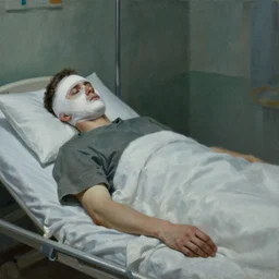 dark oil realistic painting a man lying on a hospital bed with bandages covering his face in a depressing soviet room