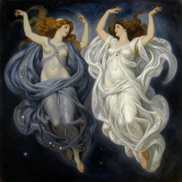 highly detailed painting of gemini goddesses wearing celestial gowns floating in space zoomed out by tamara de lempicka