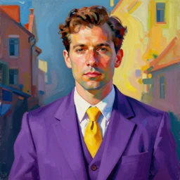 a man in a purple suit and yellow tie, a colorized photo by miyamoto, trending on deviantart, neo - fauvism, colorized, hd mod, epic