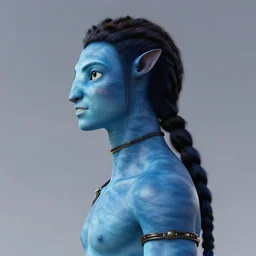 side view of a naavi man from avatar looking sideways with [ blue skin ] and elegant smiling chiseled jaw, blue skin, elf ears, a singular long blue braided ponytail flowing with the wind, blue hair is cropped on the sides of the ears, skin is blue, [ white ] [ background ], 8 k, 8 5 mm f 1. 8