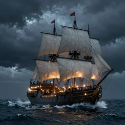 a huge pirate ship with lights on and white sails at night, stormy ocean, tumultuous clouds, epic scene, peter mohrbacher