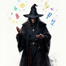 a mathematician sorcerer, dark vibes, colorful math symbols fill the air, refractory patterns