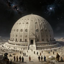 pilgrims to the temple of the half infinite in proxima centauri, massive dome building, thousands of people, fantasy art, space, dark sky, nebula and stars, john harris, moebius, craig mullins