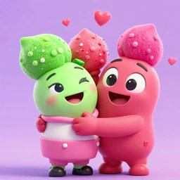cute fun hugging tutti frutti characters, pixar, digital, vivid