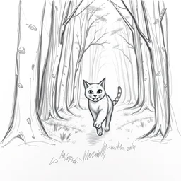 a storyboard pencil sketch of a cat running through a forest, black and white, rough sketch with erased lines, trending on artstation, detailed, blue pencil
