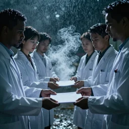 people in black handing over documents to a group of scientists, night scene, rain, light smoke, concept art