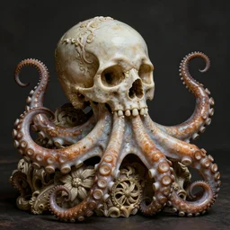 ornately carved rococo human skull octopus hybrid