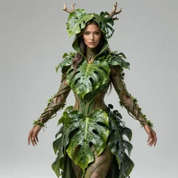 a woman tree druid with monstera leaf clothing, fully clothed, two arms, realistic pose, D&D, fantasy, intricate, cinematic lighting, highly detailed, digital painting, artstation, concept art, smooth, sharp focus, illustration, art by Justin Gerard