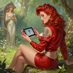 red jacket tattooed pinup sits on the garden playing with the nintendo switch, deep focus, turnaround, fantasy, intricate, elegant, highly detailed, digital painting, artstation, concept art, matte, sharp focus, illustration, hearthstone, art by artgerm and greg rutkowski and alphonse mucha.