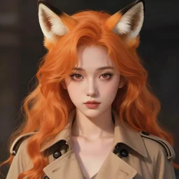 portrait illustration by shigenori soejima, beautiful girl with fox ears, focus on face, pretty, cinematic lighting, painterly, long wavy orange hair, light brown trenchcoat