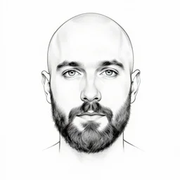 minimalistic line portrait of bald short - bearded man with round face, small eyebrows, wide lips and kind blue eyes, black and white, pictogram, ink, pencil
