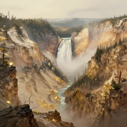 a retrowave style artwork of yellowstone national park, a land of the dead, divine, hazy, volumetric lighting, spacetime bending, very detailed, serene, gold accents, washed out colors, beautiful artwork, master level composition, raytracing