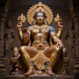 full body portrait hindu god indra shiny skin + bodybuilder, gold diamond sapphire ruby jewelry, complimentary highlights + gandhara + india style + south asia + artstation + cinematic, resolution, fantasy setting, dramatic pose, character art, art style of zatzka hans and eniolras delphin + uplight, in the svarga loka, epic perspective, rule of third