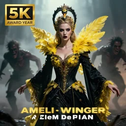 hyperrealistic hot portrait of high detail amber heard as a hive queen in ornate black robe yellow swan feathers as the mistress in fear and disguise being chased by horror. by jeremy mann, fantasy art, photo realistic, mist, dynamic lighting, artstation, poster, volumetric lighting, 4 k, award winning, canon, photo of the year