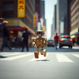kodak portra 4 0 0, wetplate, flashlight, muted colours portrait by saul leiter of a tiny photoreal tin toy robot running fast trough a busy new york street, motion blur, tiny gaussian blur, insanely detailed, insanely intricate, insanely beautiful, depth of field, bright sunlight, wide aperture, color photography