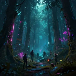 photo environement cyberpunk forest : 4, 4 k rtx hdr volume light concept studio matte painting environement digital illustration style cyberpunk 2 0 7 7 artstation artur tarnowski, mihai muscan, marcin tomalak, marta leydy, marcin stepien, charlotte hughes, zuzanna dabrowa neon bioluminiscence