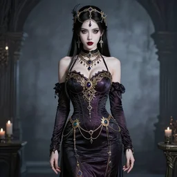 pretty gothic sorceress wearing a tight dress with illustrious details, jewelry, ornated clothing, attractive, character concept