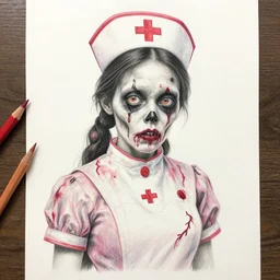 Colored pencil art on paper, Zombie Nurse, highly detailed, artstation, MasterPiece, Award-Winning, Caran d'Ache Luminance