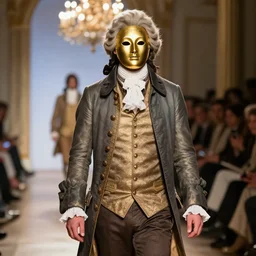 a 2 1 st century fashion show featuring men's wear based in 1 7 5 0's england, fashion photography, elaborate lights. mask on face, accurate details, ultra hd, beautiful background