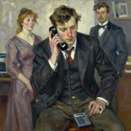 impressionist brushstrokes!!!! lisa frank and and richard schmid and jeremy lipking victorian loose genre loose painting full length portrait painting of a businessman talking on a toy phone